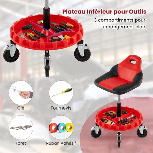 Tabouret D'atelier Roulant 71-83cm Réglable,5 Roues, Plateau Outils, Charge 150kg,noir+rouge