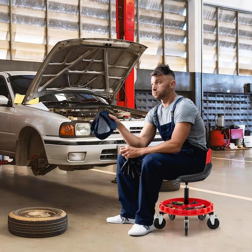 Tabouret D'atelier Roulant 71-83cm Réglable,5 Roues, Plateau Outils, Charge 150kg,noir+rouge