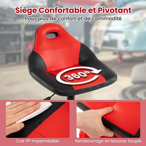 Tabouret D'atelier Roulant 71-83cm Réglable,5 Roues, Plateau Outils, Charge 150kg,noir+rouge