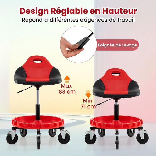Tabouret D'atelier Roulant 71-83cm Réglable,5 Roues, Plateau Outils, Charge 150kg,noir+rouge