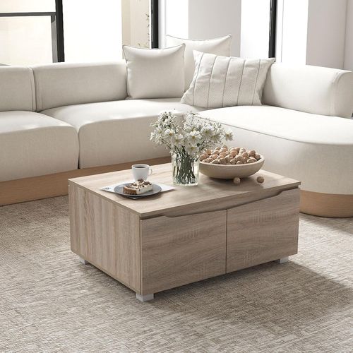 Table Basse Avec Rangement 80x60x37cm, 4 Portes à Ouverture Double, Style Moderne,chêne