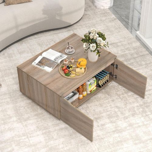 Table Basse Avec Rangement 80x60x37cm, 4 Portes à Ouverture Double, Style Moderne,chêne