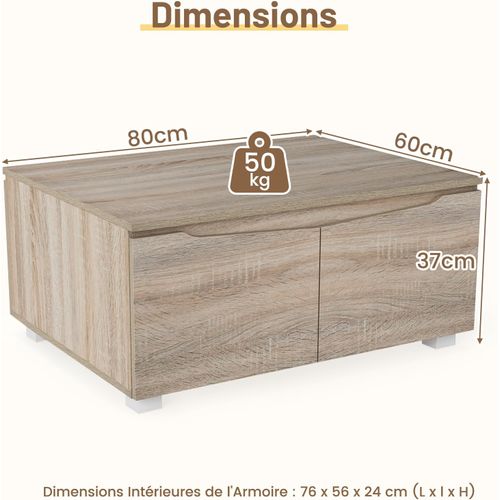 Table Basse Avec Rangement 80x60x37cm, 4 Portes à Ouverture Double, Style Moderne,chêne