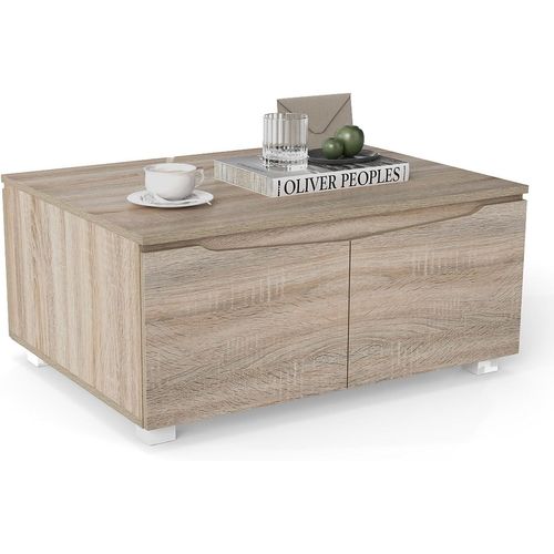 Table Basse Avec Rangement 80x60x37cm, 4 Portes à Ouverture Double, Style Moderne,chêne