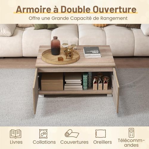 Table Basse Avec Rangement 80x60x37cm, 4 Portes à Ouverture Double, Style Moderne,chêne