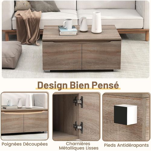 Table Basse Avec Rangement 80x60x37cm, 4 Portes à Ouverture Double, Style Moderne,chêne
