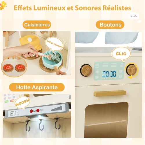Cuisine D'angle Enfant Bois, Sons Et Lumières, 22 Accessoires, Réfrigérateur, 3 Ans+,beige