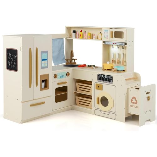 Cuisine D'angle Enfant Bois, Sons Et Lumières, 22 Accessoires, Réfrigérateur, 3 Ans+,beige