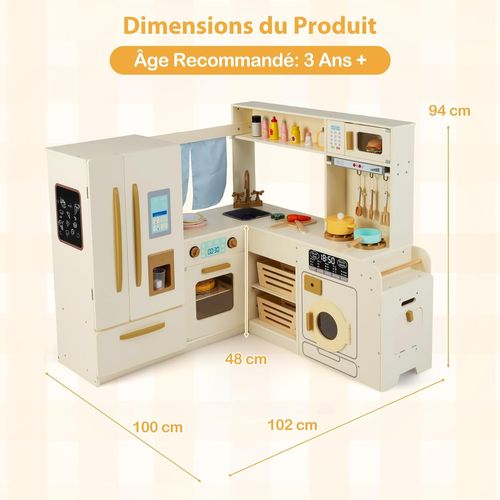 Cuisine D'angle Enfant Bois, Sons Et Lumières, 22 Accessoires, Réfrigérateur, 3 Ans+,beige