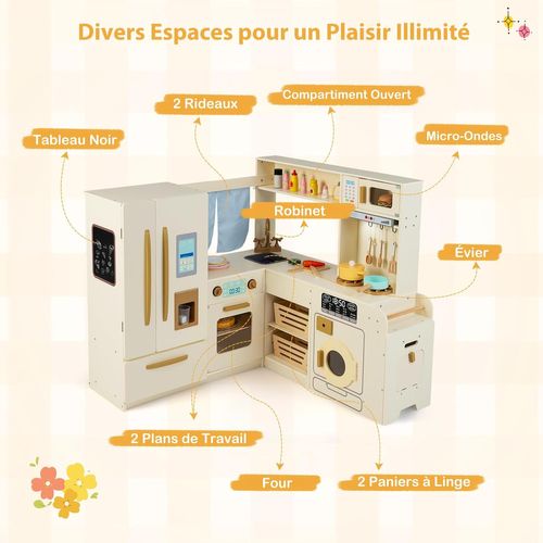Cuisine D'angle Enfant Bois, Sons Et Lumières, 22 Accessoires, Réfrigérateur, 3 Ans+,beige