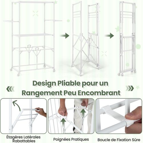 Grand Séchoir à Linge Pliable Alu 174cm,10 Barres,2 Ailes Latérales,roulettes,blanc