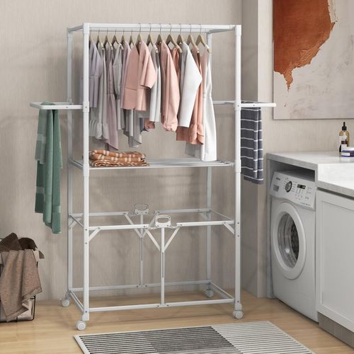 Grand Séchoir à Linge Pliable Alu 174cm,10 Barres,2 Ailes Latérales,roulettes,blanc