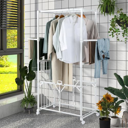 Grand Séchoir à Linge Pliable Alu 174cm,10 Barres,2 Ailes Latérales,roulettes,blanc