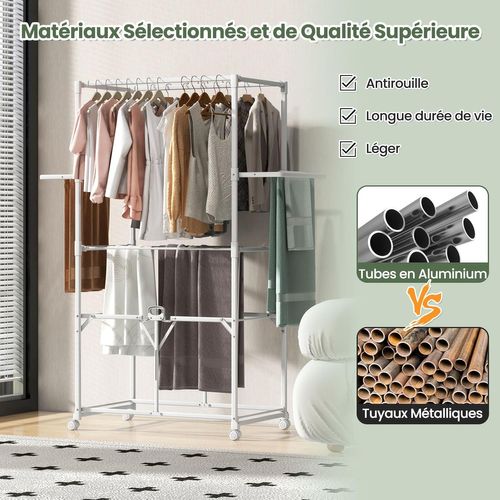 Grand Séchoir à Linge Pliable Alu 174cm,10 Barres,2 Ailes Latérales,roulettes,blanc