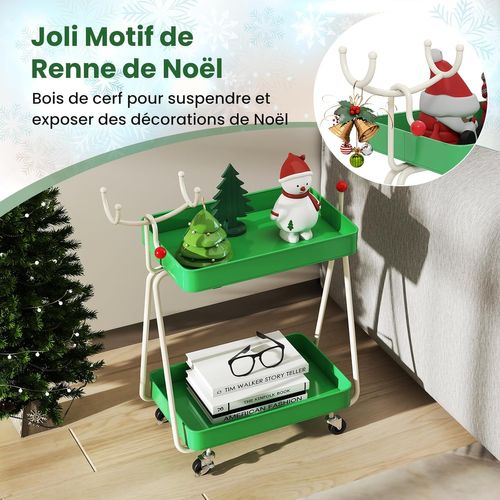 Chariot Rangement 2 Niveaux Thème Renne Noël, Cadre Métal, Roues, 55.5x28.5x66.5cm ,vert