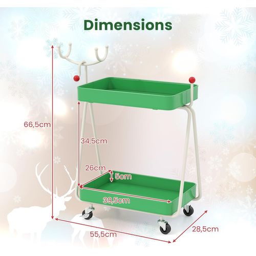 Chariot Rangement 2 Niveaux Thème Renne Noël, Cadre Métal, Roues, 55.5x28.5x66.5cm ,vert