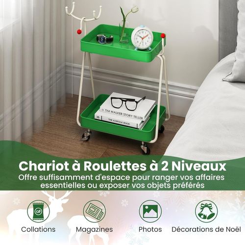 Chariot Rangement 2 Niveaux Thème Renne Noël, Cadre Métal, Roues, 55.5x28.5x66.5cm ,vert