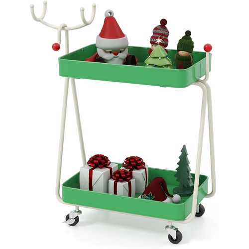 Chariot Rangement 2 Niveaux Thème Renne Noël, Cadre Métal, Roues, 55.5x28.5x66.5cm ,vert