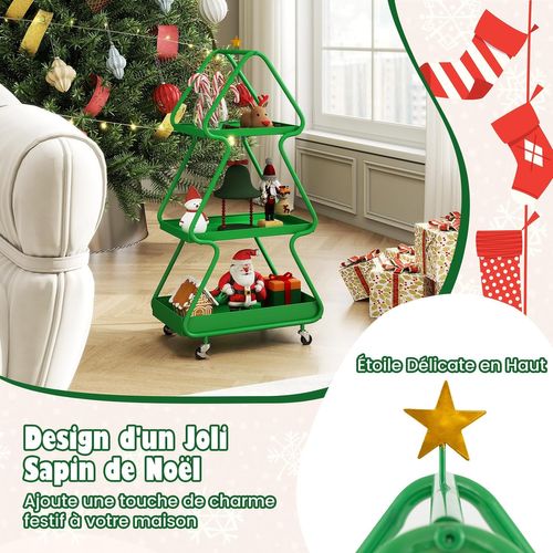 Chariot Rangement 3 Niveaux Thème Renne Noël, Cadre Métal, Roues, 50x31.5x102cm ,vert