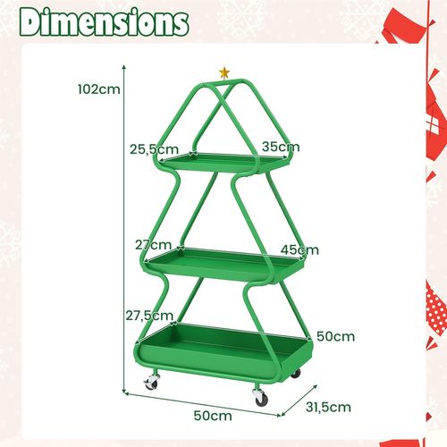 Chariot Rangement 3 Niveaux Thème Renne Noël, Cadre Métal, Roues, 50x31.5x102cm ,vert