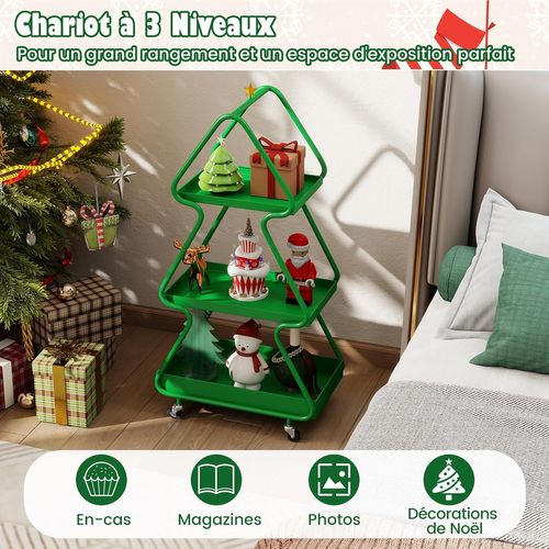 Chariot Rangement 3 Niveaux Thème Renne Noël, Cadre Métal, Roues, 50x31.5x102cm ,vert