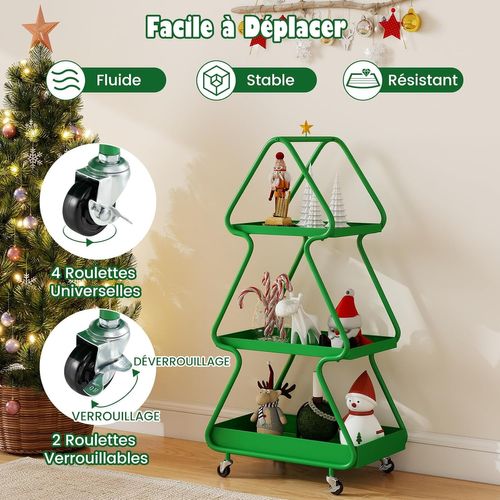 Chariot Rangement 3 Niveaux Thème Renne Noël, Cadre Métal, Roues, 50x31.5x102cm ,vert