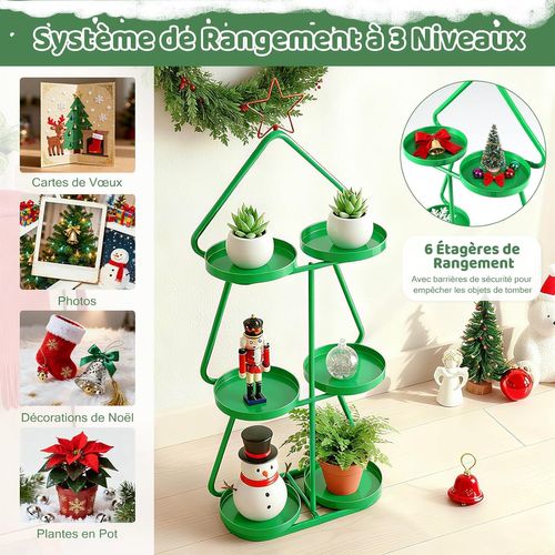 Chariot Rangement 3 Niveaux Thème Renne Noël, Cadre Métal, Roues, 44x22.5x109.5cm ,vert