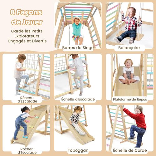 Aire De Jeux Escalade 8 En 1 Bois, Toboggan Balançoire Filet,charge 50kg 3-5 Ans ,coloré
