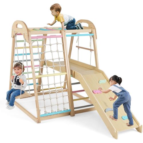 Aire De Jeux Escalade 8 En 1 Bois, Toboggan Balançoire Filet,charge 50kg 3-5 Ans ,coloré