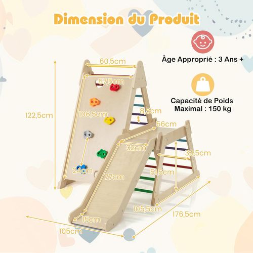 Aire De Jeux Escalade 3 En 1 Bois, Toboggan Échelle Rampe, Charge 150kg 3 Ans+ ,coloré