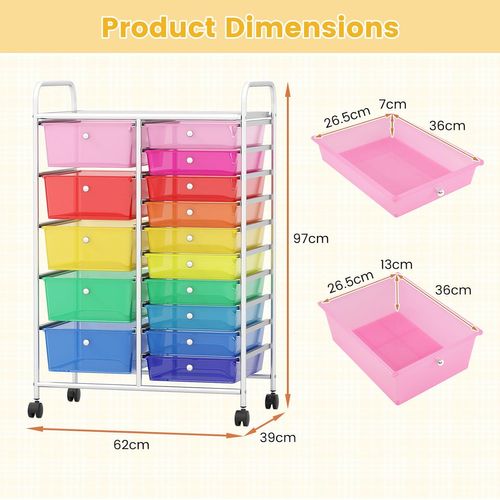 Chariot De Rangement à Roulettes à 15 Tiroirs,cadre Métallique Chromé,62 X 39 X 97 Cm