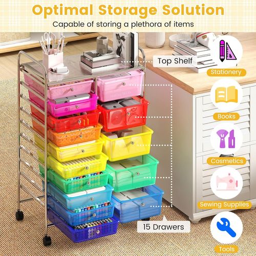 Chariot De Rangement à Roulettes à 15 Tiroirs,cadre Métallique Chromé,62 X 39 X 97 Cm