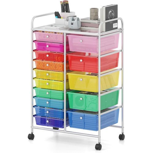 Chariot De Rangement à Roulettes à 15 Tiroirs,cadre Métallique Chromé,62 X 39 X 97 Cm