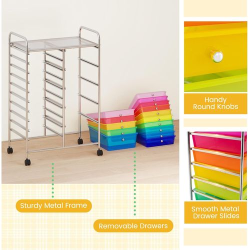 Chariot De Rangement à Roulettes à 15 Tiroirs,cadre Métallique Chromé,62 X 39 X 97 Cm