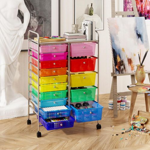 Chariot De Rangement à Roulettes à 15 Tiroirs,cadre Métallique Chromé,62 X 39 X 97 Cm