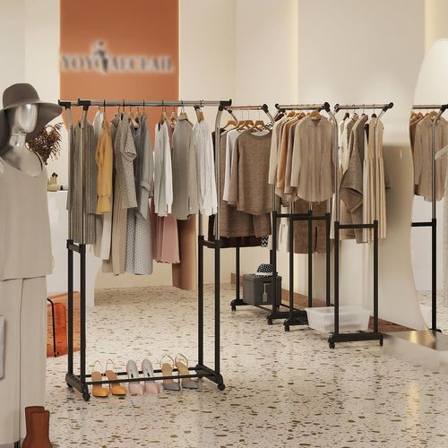 Portant à Vêtements Double Sur Roulettes, Hauteur Réglable 106-175cm, Structure Métal Solide