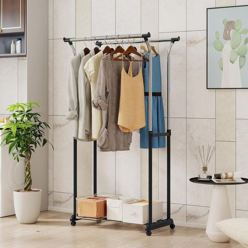 Portant à Vêtements Double Sur Roulettes, Hauteur Réglable 106-175cm, Structure Métal Solide