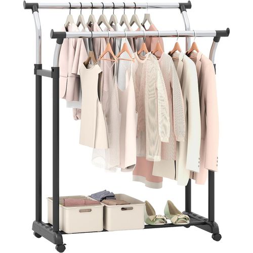 Portant à Vêtements Double Sur Roulettes, Hauteur Réglable 106-175cm, Structure Métal Solide
