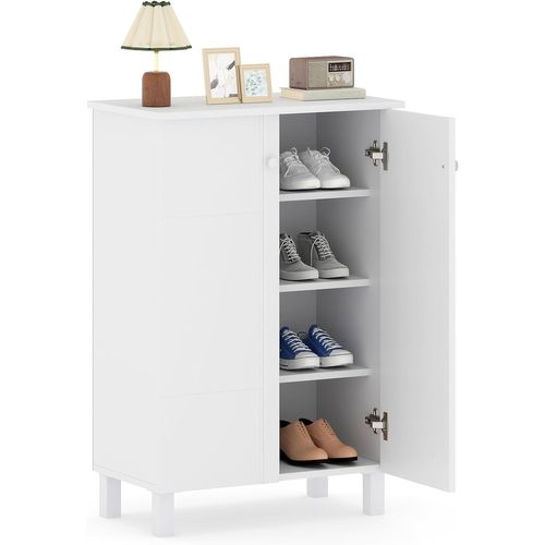 Meuble à Chaussure à 4 Niveaux, Étagères Amovibles, Entree 12 Paires Avec 2 Portes, Blanc