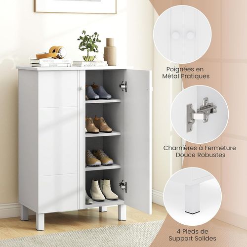 Meuble à Chaussure à 4 Niveaux, Étagères Amovibles, Entree 12 Paires Avec 2 Portes, Blanc