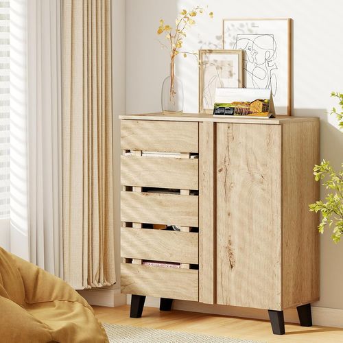 Meuble à Chaussure à 4 Niveaux, 3 Étagères Amovibles Et Portes, 16 Paires, Naturel