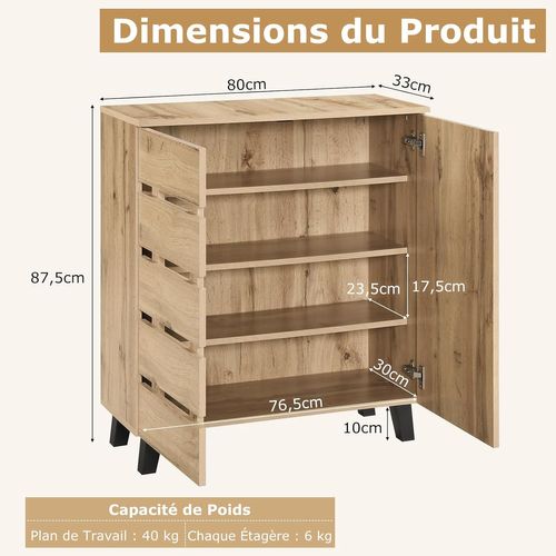 Meuble à Chaussure à 4 Niveaux, 3 Étagères Amovibles Et Portes, 16 Paires, Naturel