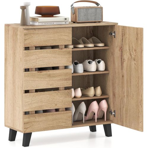 Meuble à Chaussure à 4 Niveaux, 3 Étagères Amovibles Et Portes, 16 Paires, Naturel