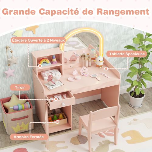 2 En 1 Coiffeuse Enfants,table De Maquillage Avec LED Miroir Et Tabouret,80x41x94cm,Rose grisâtre