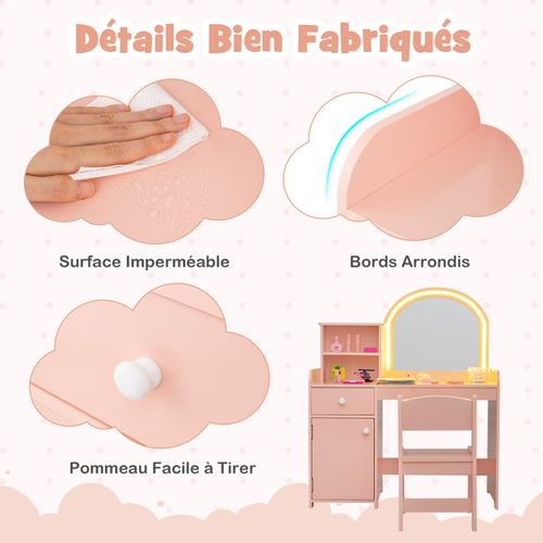 2 En 1 Coiffeuse Enfants,table De Maquillage Avec LED Miroir Et Tabouret,80x41x94cm,Rose grisâtre