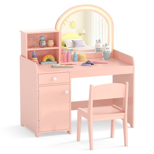 2 En 1 Coiffeuse Enfants,table De Maquillage Avec LED Miroir Et Tabouret,80x41x94cm,Rose grisâtre
