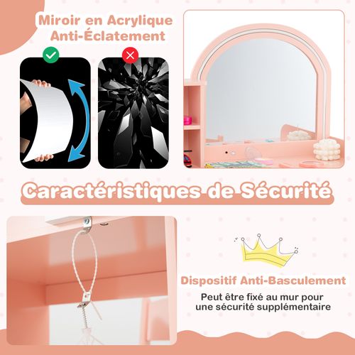 2 En 1 Coiffeuse Enfants,table De Maquillage Avec LED Miroir Et Tabouret,80x41x94cm,Rose grisâtre