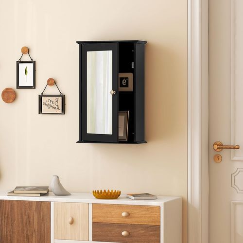 Armoire Murale Salle De Bain 15x34x53cm, Porte-miroir, 2 Niveaux, Étagère Réglable ,noir