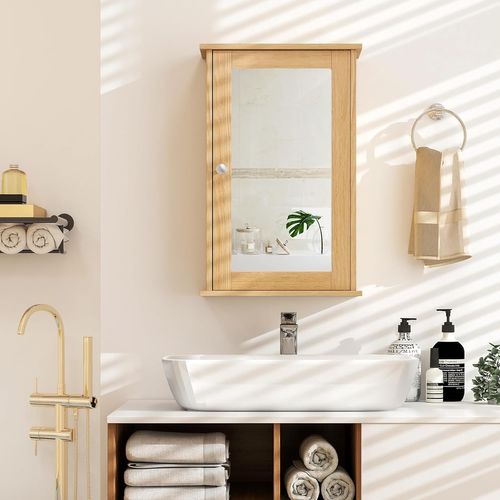 Armoire Murale Salle De Bain 15x34x53cm, Porte-miroir, 2 Niveaux, Étagère Réglable ,naturel