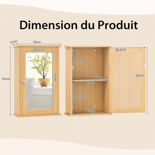 Armoire Murale Salle De Bain 15x34x53cm, Porte-miroir, 2 Niveaux, Étagère Réglable ,naturel
